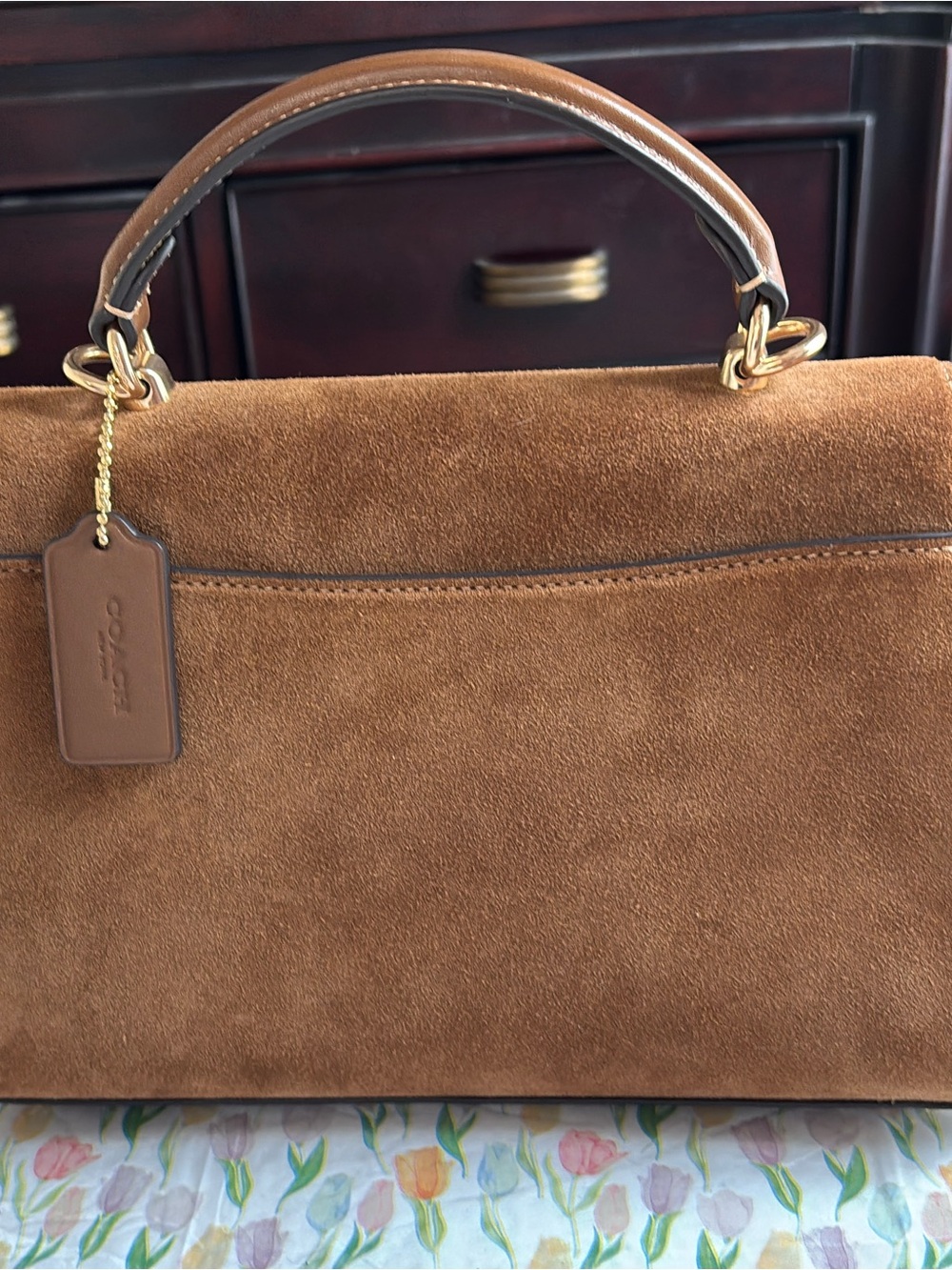 Coach Brown Suede Top Handle Satchel with Gold Hardware